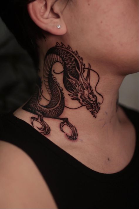 Snake Neck Tattoos For Men, Neck Tattoo For Guys Dragon, Chinese Dragon Neck Tattoo, Snake Tattoos On Neck, Animal Neck Tattoo, Neck Dragon Tattoo, Blackwork Neck Tattoo, Dragon Tattoo On Neck, Neck Tattoo Men Ideas