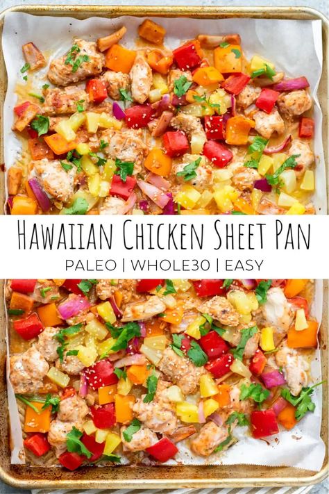 Hawaiian Chicken Sheet Pan Meal (Whole30 and Paleo) Chicken Sheet Pan, Dinners Recipes, Sheet Pan Dinners Recipes, Hawaiian Chicken, Resep Diet, Pan Dinners, Pan Meals, Health Dinner, Food Ingredients