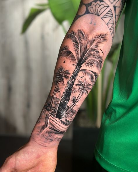 🌴☀️ Escape to paradise with a palm tree beach tattoo 🖋️🏝️#PalmTreeBeachTattoo #TropicalInk #BeachVibes #InkedParadise Surealism Art, Palm Tree Beach, Beach Tattoo, Palm Trees Beach, Dream Tattoos, Pine Tree, Palm Tree, Tattoos For Guys, Palm Trees