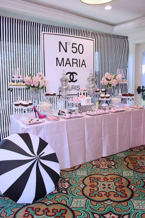 Classy Chanel 50th Birthday Party | CatchMyParty.com Coco Chanel Party Decorations, Chanel Bridal Shower Theme, Chanel Birthday Theme, Chanel Birthday Party Ideas, Chanel Birthday Party Decoration, Coco Chanel Birthday Party, Chanel Inspired Party, Coco Chanel Birthday, Chanel Bridal Shower