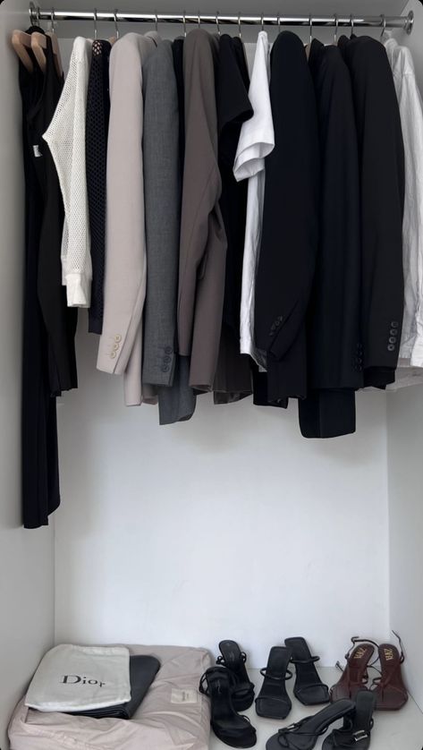 Extreme Minimalism Aesthetic, Clean Closet Aesthetic, Minimal Wardrobe Minimalist Closet, Extreme Minimalist Bedroom, Minimalist Closet Inspiration, Minimalist Clothing Aesthetic, Extreme Minimalist Wardrobe, Minimalism Closet, Closet Minimal