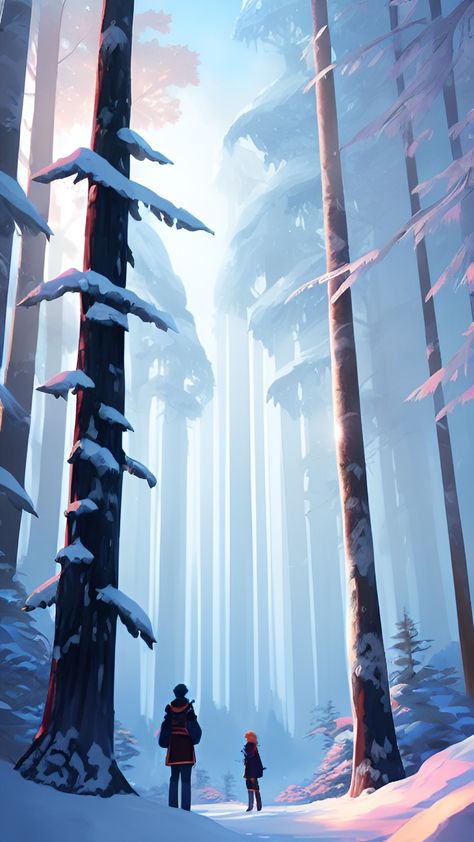 Snowy Anime Wallpaper, Snowy Trees Drawing, Winter Environment Art, Snowy Forest Reference, Snowy Environment Concept Art, Snowy Trees Illustration, Snowy Forest Art, Winter Nature Wallpaper, Snow Reference