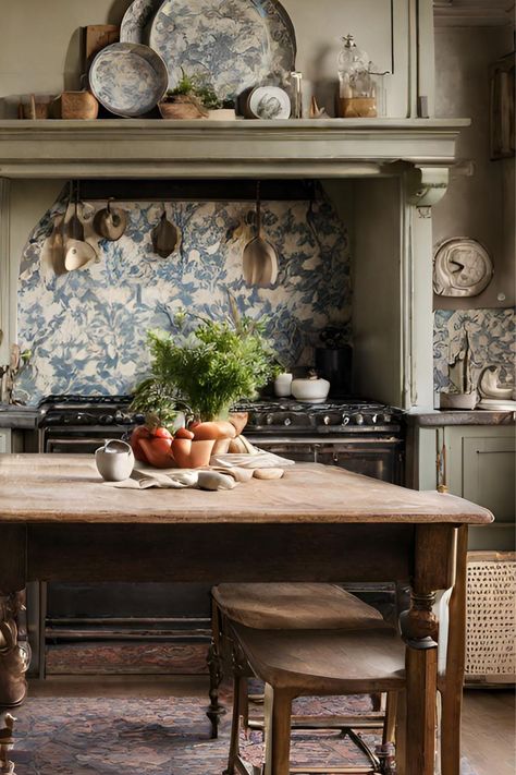 French Country Kitchen with Rug Distressed Cabinets Beautiful Country Homes Interior, Cozy French Country Kitchen, Harvest Table In Kitchen, British Style Kitchen, French Country Estate Interior, European Country Dining Room, Beautiful Kitchen Garden, French Cottage Style Kitchen, Classic Farmhouse Interior Design