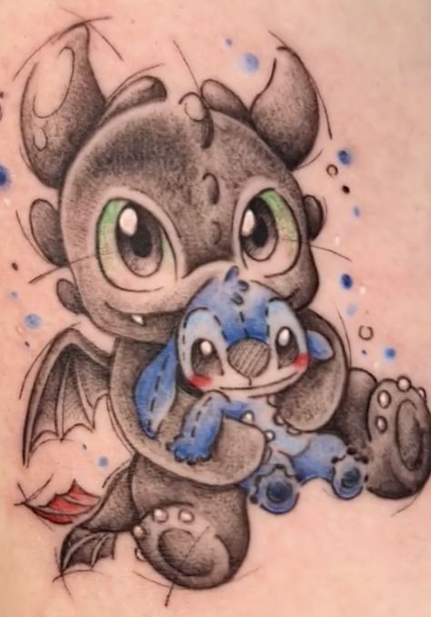 Toothless Tattoo, Disney Stitch Tattoo, Toothless And Stitch, Cute Couple Tattoos, Stitch Tattoo, Christmas Tattoo, Cartoon Character Tattoos, Fire Tattoo, Disney Tattoo