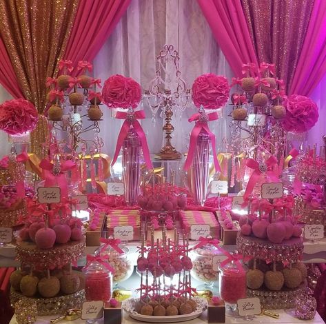 Birthday Sweets Table Ideas, Cake And Candy Table Ideas, Pink And Bling Party, Pink Themed Cake, Hot Pink Dessert Table, Sweet 16 Snack Table, Sweet Table Ideas Birthday, Pink Sweets Table, Sweet 16 Dessert Table