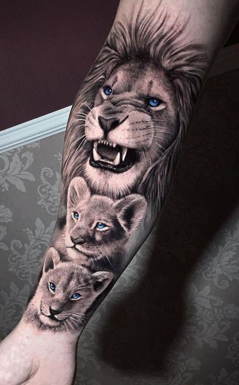 Tattoo Lions, Lions Tattoo, Lioness And Cub Tattoo, Lion Cub Tattoo, Lion Arm Tattoo, Lion Shoulder Tattoo, Lion Forearm Tattoos, Family Tattoos For Men, Lion Art Tattoo