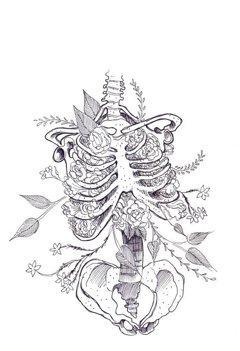 Ribcage With Flowers Drawing, Skeleton Plants Drawing, Rib Cage Drawing Tattoo, Hanahaki Tattoo, Skeleton Torso With Flowers, Floral Skeleton Tattoo, Skeleton With Flowers Tattoo, Skeleton Line Art, Hipster Drawing