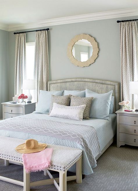 Popular Bedroom Paint Colors Gray Wisp, Beach Style Bedroom, Carpet Pattern, Popular Paint Colors, House Of Turquoise, Gray Walls, Cheap Carpet, Bedroom Wall Colors, Coastal Bedrooms