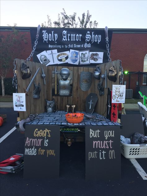 Trunk or Treat 2017 - Armor of God Shop Halloween Class Party Games, Church Trunk, Trunker Treat Ideas, Halloween Alternatives, Church Halloween, Fall Festival Games, Trunk Or Treat Ideas, Christian Halloween, Halloween Class Party