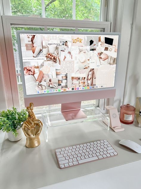 Cozy Home Office Pink, Home Office Pink Desk, Astethic Office Desk, Imac Study Aesthetic, Cute Work From Home Desk Setup, Pink Imac Aesthetic, Imac Aesthetic Set Up, Pink Imac Desk Setup, Aesthetic Office Supplies