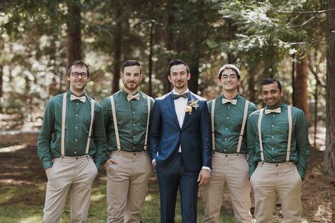 Green Shirt Groomsmen, Enchanted Forest Wedding Groomsmen, Green Suspenders Wedding, Blue Suit Bow Tie, Groomsmen Green, Venus Wedding, White Jeans For Men, Bowtie Groomsmen, White Tuxedo Wedding