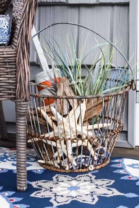 Front Porch Decor Coastal, Front Porch Coastal Ideas, Small Coastal Front Porch Ideas, Condo Front Porch Ideas, Beach Theme Porch Ideas, Coastal Back Porch, Nautical Patio Decor, Beach House Front Porch Ideas, Beach Cottage Front Porch