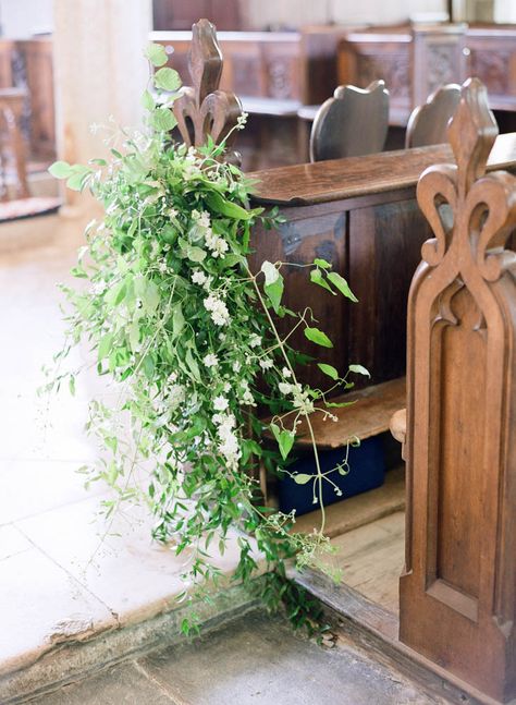 Foliage pew end inspiration with white flowers dotted through Wedd Decorations, Pew Marker, Flower Edit, Simple Church Wedding, Pew Flowers, Wedding Church Decor, Wild Shape, Wedding Pews, Floral Archway