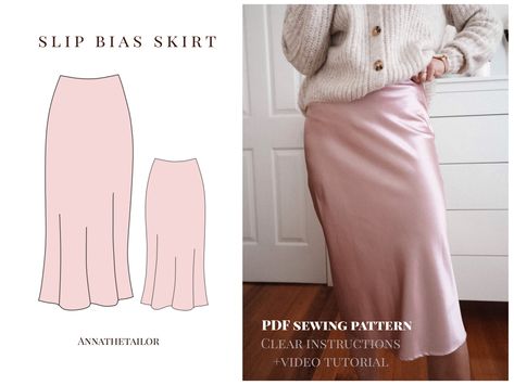 Satin Skirt Sewing, Bias Cut Skirt Pattern, Satin Skirt Pattern, Slip Skirt Pattern, Bias Skirt Pattern, Midi Skirt Sewing, Cami Dress Pattern, Thrift Diy, Sewing Pdf Pattern