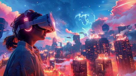 Virtual Reality Exploration: A person immersed in a vibrant virtual reality cityscape, experiencing a futuristic digital world. #virtual #reality #headset #cityscape #digital #aiart #aiphoto #stockcake ⬇️ Download and 📝 Prompt 👉 https://ayr.app/l/96vP Virtual World Aesthetic, Virtual Reality Aesthetic, Vr World, Vr Design, World Gif, Virtual Reality Technology, Virtual Reality Glasses, Websites Design, Billboard Design