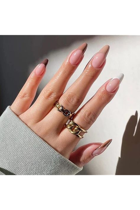 MISUD Almond Press on Nails Medium Stiletto Fake Nails Glossy Glue on Nails Fall Brown French Tip Acrylic Nails Autumn Stick on False Nails 24 pcs Brown French Tip, Almond Press On Nails, Brown French, Nails Brown, Press On Nails Medium, Nails Medium, Nails Fall, False Nails, Glue On Nails