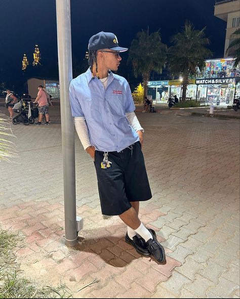 Mens Pleated Shorts Outfit, Button Up Jorts Fit, Loafers And Jorts Outfit Men, Pleated Shorts Outfit Men, Low Doc Martens Outfit Men, Black Shorts Outfit Men, Pleated Shorts Outfit, Jorts Outfit Idea Men, Shorts Outfits Men Streetwear