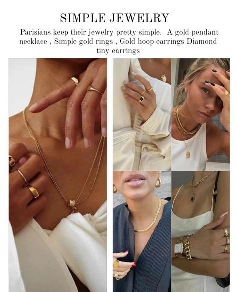 SIMPLE JEWELRY Parisians keep their jewelry pretty simple. A gold pendant necklace , Simple gold rings , Gold hoop earrings Diamond tiny earrings Simple Gold Rings, Ingenue Essence, Hoop Earrings Diamond, Pendant Necklace Simple, Gold Rings Simple, Earrings Diamond, Tiny Earrings, Rings Gold, Necklace Simple