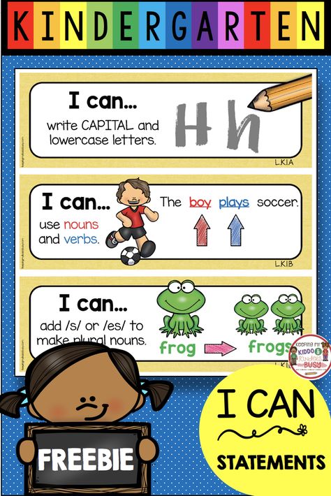 FREE I can statements for classroom display kindergarten standards common core Post your standards and objectives each day I Can Statements kindergarten math reading language arts social studies science writing objectives FREE subject headers for your board student achievement and goals #goals #kindergarten Kindergarten I Can Statements Free, I Can Statements Kindergarten, I Can Statements Display Bulletin Boards, Kindergarten Objectives, Kindergarten I Can Statements, Writing Objectives, Kindergarten Standards, Kindergarten Goals, Math Language