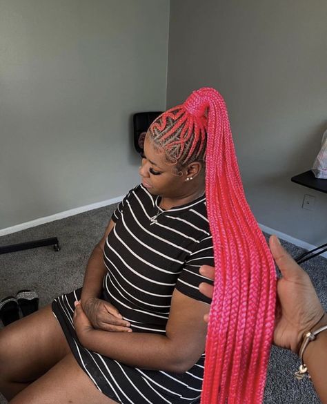 Pink Stitch Braids, Pink Back To School, Braided Stitch, Middle Part Bussdown, Braided Pony, Pink Stitch, Stitch Braids, Braided Hairstyle, Sew Ins