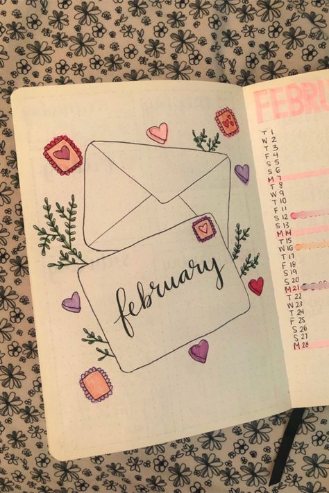 Love letter February bullet journal cover page February Journal Cover Page, February Calendar Doodles, February Journal Page, First Page Journal Ideas Aesthetic 2024, February Planner Ideas, Journal Ideas Cover Page, Journal First Page Ideas Aesthetic, 2024 Cover Page, February Journal Cover