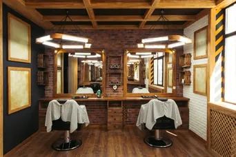 Small Barbershop, Barber Shop Equipment, Modern Barber Shop, Barber Shop Interior, Architecture Art Nouveau, Barbershop Design, Barber Shop Decor, Distressed Walls, Modern Lamps