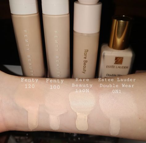 Foundation Swatches Fenty, Beauty 120, Fenty Beauty 100, Rare Beauty 110N, Estee Lauder Double Wear 0N1 Alabaster, Light Fair Skin Fair Skin Foundation, Double Wear Estee Lauder, Alabaster Light, Estee Lauder Double Wear Foundation, Foundation Swatches, Double Wear Foundation, Estee Lauder Double Wear, Double Wear, Skin Foundation