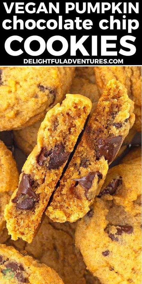 Infused with the perfect balance of pumpkin spice and gooey chocolate, these homemade vegan pumpkin chocolate chip cookies are an easy, delicious fall dessert. Soft and chewy with just the right amount of crispness, this vegan recipe is completely egg-free and dairy-free, and can also be made gluten-free. Perfect for Halloween, Thanksgiving, or anytime you’re in the mood for pumpkin cookies! Vegan Pumpkin Cookies Chocolate Chip, Gluten Free Vegan Pumpkin Cookies, Eggless Pumpkin Cookies, Gf Vegan Cookies, Pumpkin Cookies Vegan, Pumpkin Chocolate Chip Cookies Easy, Vegan Pumpkin Chocolate Chip Cookies, Cookie Recipes Thanksgiving, Chocolate Chip Cookies Vegan