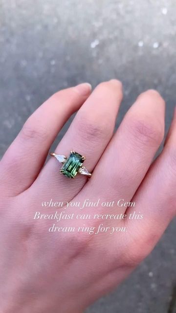 Made By Gem Breakfast on Instagram: "OG favorite a sexy green sapphire with kite diamond sides 🪁 is always available to be cooked to order 👩‍🍳want to create something with us? 👩‍🍳 All loose @misfitdiamonds stones on the website under $10k are 10% off with code CUSTOM10 before 10/31 👩‍🍳 custom orders for holiday delivery must be placed by 10/31" Kite Engagement Ring Princesses, Emerald Kite Ring, Kite Sapphire Ring, Kite Shaped Diamond Ring, Salt And Pepper Kite Diamond Ring, Gem Breakfast, Kite Diamond, Create Something, Green Sapphire