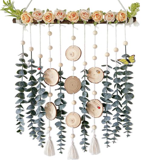 PRICES MAY VARY. CHIC BOHO DECORATION: Our roses eucalyptus wall hanging decor is very beautiful, each piece is made by us with love and passion, we skillfully combine eucalyptus, artificial flowers, natural solid wood, and tassels. Presenting a delicate texture and realistic look, vibrant all year round, adding natural, rustic and peaceful to your home; SIZE AND MATERIAL: The branches are high temperature dried natural wood, length 15.75-16.5 inches, we attached 9-11 flowers by natural resin ho Plant For Bedroom, Farmhouse Home Office, Eucalyptus Flowers, Fake Greenery, Fake Hanging Plants, Boho Decoration, Artificial Plants Indoor, Green Wall Decor, Living Room Nursery