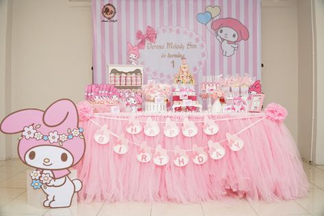 Sanrio Birthday Party Ideas My Melody, My Melody Baby Shower Ideas, My Melody Party Theme, Sanrio Dessert Table, My Melody Birthday Decorations, My Melody Birthday Party Ideas, Melody Birthday Theme, Kawaii Birthday Party Ideas, My Melody Theme Birthday Party Ideas