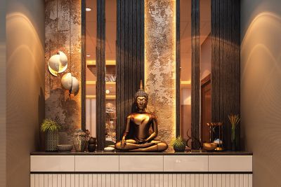 Interior Designers in Bangalore - Exotica Brigade | Carafina Living Room Buddha Interior Design, Buddha Foyer Design, Buddha Home Decor Interior Design, Buddha Wall Decor Living Room, Foyer Wall Design Entryway, Buddha On Wall, Buddha Interior Design, Buddha Decor Entryway, Buddha Decor Ideas