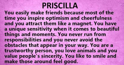 What's Your Name's Secret Meaning? | Priscilla future wedding ... What Is Your Name, Name Meaning, Now What, Names With Meaning, New People, Making Friends, Just Me, Make Me Smile, Your Name