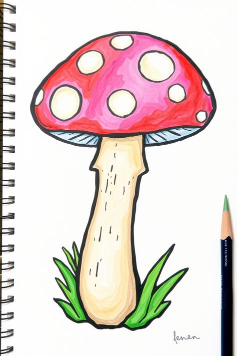 Check Out This Colorful Mushroom Drawing & 12+ Other Mushroom Drawing Ideas! #drawinginspiration #drawing Mushrooms Drawing Easy, Mushroom Drawing Ideas, Log Drawing, Mushrooms Drawing, Volleyball Drawing, Smile Drawing, Shark Drawing, Snake Drawing, Fire Drawing