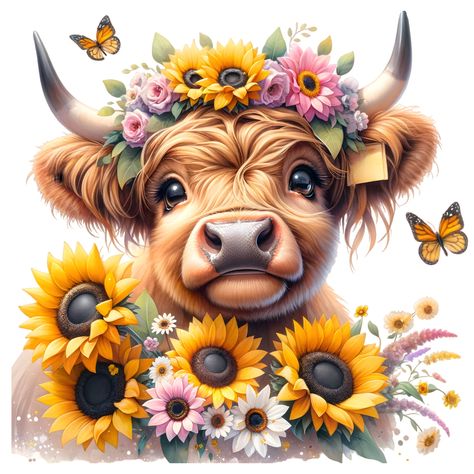 Cute Highland Cows, Cow And Sunflower, Cow With Sunflowers, Cow Sunflower, Sunflower Clipart, Baby Highland Cow, Clipart Baby, Cow Pictures