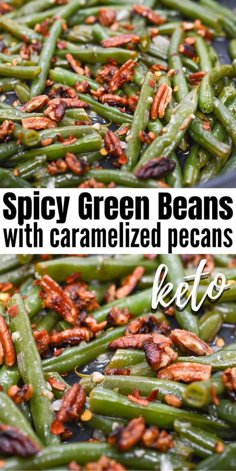 Keto Spicy Green Beans With Caramelized Pecans - Wake up your tastebuds with the yummiest green beans recipe ever! Keto spicy green beans are topped with pecans and are unforgettable. #keto #Ketorecipes #ketodiet #Ketogreenbeans #greenbeanswithpecans #caramelizedpecans #spicygreenbeans #pecans #sidedish #food #recipes Keto Beans, Green Beans Keto, Keto Green Beans, Caramelized Pecans, Stylish Cravings, Spicy Green Beans, Crockpot Chicken Breast, Green Beans Recipe, Green Beans With Bacon