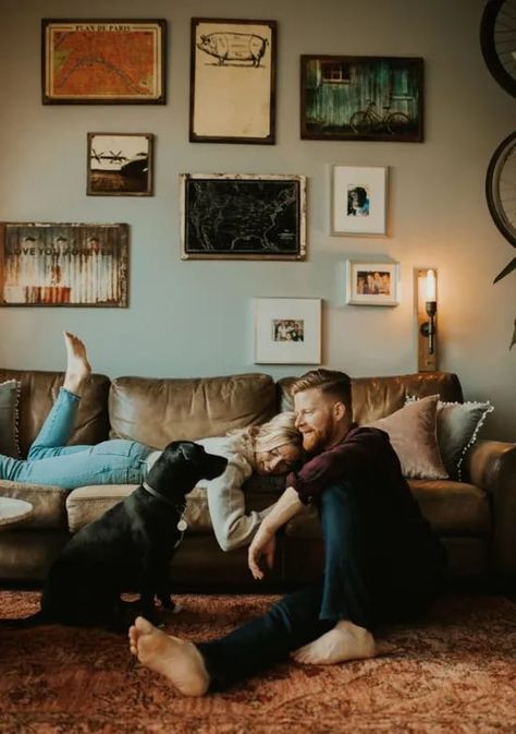 In Home Shoot Couple, Engagement Photo At Home, Lifestyle Couples Session, Couples Lifestyle Photography Home, Lifestyle Engagement Shoot At Home, Couples Photo Inspiration, Home Photo Shoots Couple, I’m Home Photo Shoot Couple, Indoor Engagement Shoot