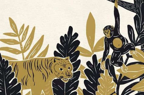 Free Vector | Vintage floral gold frame watercolor on green background Golden Tiger Wallpaper, Botanical Background, Vintage Animals, Tiger Wallpaper, Jungle Illustration, Elephant Illustration, Jungle Pattern, Gold Color Palettes, Golden Tiger