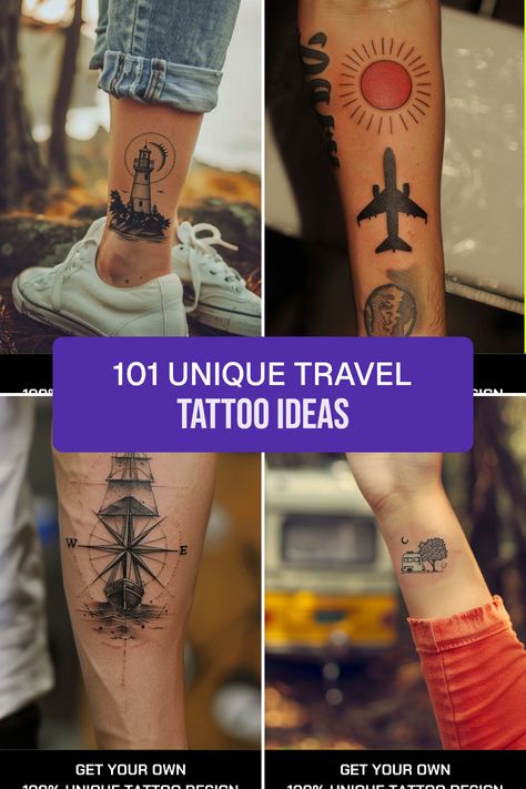 Looking for inspiration for your next travel tattoo? Check out these 101 unique travel tattoo ideas that are sure to ignite your wanderlust! From stunning designs of lighthouses and compasses to whimsical airplanes sprinkled with sunshine, there's something for everyone. Capture your adventures with designs featuring caravans and sailing ships. These meaningful tattoos are perfect reminders of all the places you've explored and the journeys ahead Quote Tattoo Men, Campervan Tattoo, Tattoo Ideas Travel, Traditional Lighthouse Tattoo, Ancient Explorer, Journey Tattoo, Travel Tattoo Ideas, Airplane Tattoos, Lighthouse Tattoo