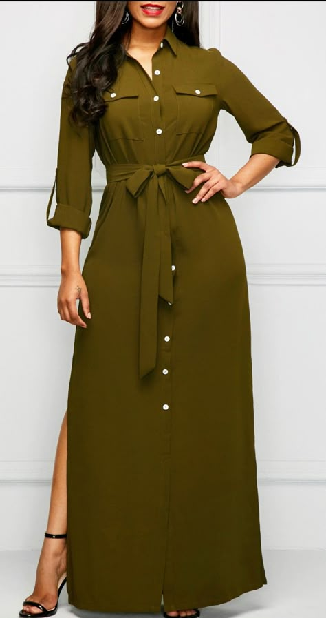 Robes Army Dress, Green Shirt Dress, Fashion Dresses Online, Classy Dress Outfits, Maxi Dress Online, Blouse Tops, Long Shirt Dress, African Fashion Dresses, Maxi Dress With Sleeves