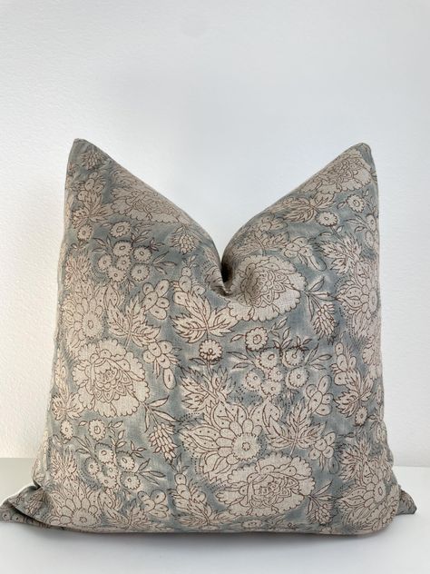 PRICES MAY VARY. 100% Linen Our pillow covers are a testament to the art of hand block printing. They are meticulously handcrafted from 100% natural organic linen fabric on front and feature 100% organic cotton duck-canvas fabric on the reverse. These pillows feature delicate floral motifs that will add warmth and texture to any setting. They are thoughtfully designed with an invisible zipper for a seamless finish. Inserts not included. We recommend going up 2" bigger than the pillow cover for a Blue Gray Throw Pillows, Throw Pillows Bedroom Ideas, Living Room Throw Pillow Ideas, Bedroom With Gray Bedding, Throw Pillows On Sectional, Blue Pillow Combinations, Blue Home Accents, Amazon Throw Pillows, Pillows Decorative On Couch