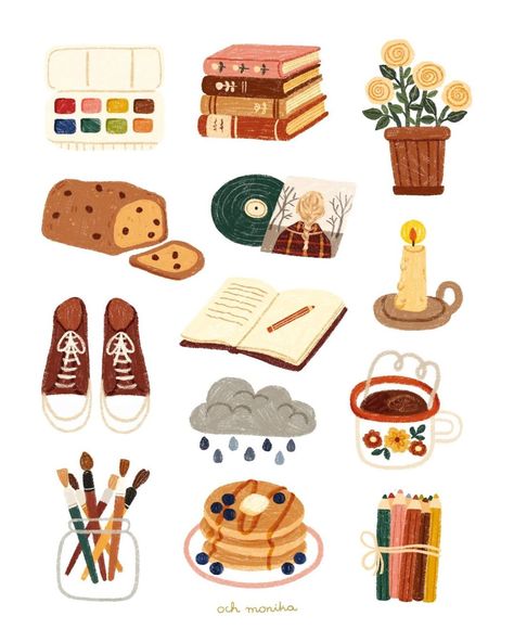 Picking Mushrooms, Baked Cake, Food Flowers, Digital Bullet Journal, Cozy Things, 달력 디자인, Doodle Paint, Cool Autumn, Rainy Morning