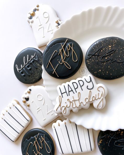 Black and white sets will forever have my heart 🥹🤍 . . . . . #cookiesofinstagram #sugarcookies #cookies #sugarcookiesofinstagram #decoratedcookies #decoratedsugarcookies #blackandwhitecookies #royalicing #royalicingcookies #bakersofinstagram #bakersofig #foodies Black And White Birthday Cookies, Black And Gold Cookies, 50th Birthday Decorated Cookies, 70th Birthday Cookies, 30th Birthday Cookies, Black And White Cookies, Gold Birthday, White Party, Cookie Ideas