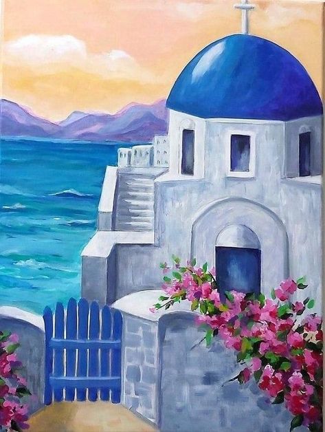 Greece Painting, Greek Paintings, Easy Landscape Paintings, Greece Art, Landscape Art Print, 수채화 그림, Greek Art, Greek Island, Painting Art Projects