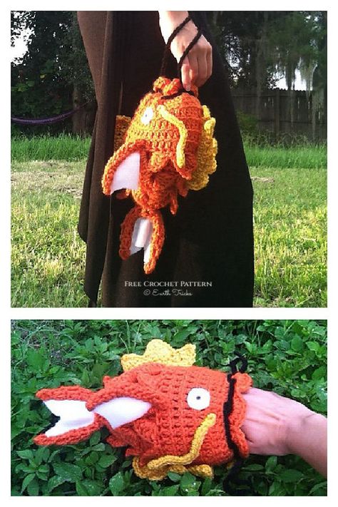 Magikarp Fish Drawstring Pouch Free Crochet Pattern Crochet Dragon Bag Pattern Free, Pokemon Crochet Bag, Crochet Magikarp, Dnd Crochet Patterns Free, Free Crochet Pattern Bag, Fantasy Crochet Patterns Free, Crochet Fish Bag, Round Crochet Pattern, Crochet Pouch Pattern