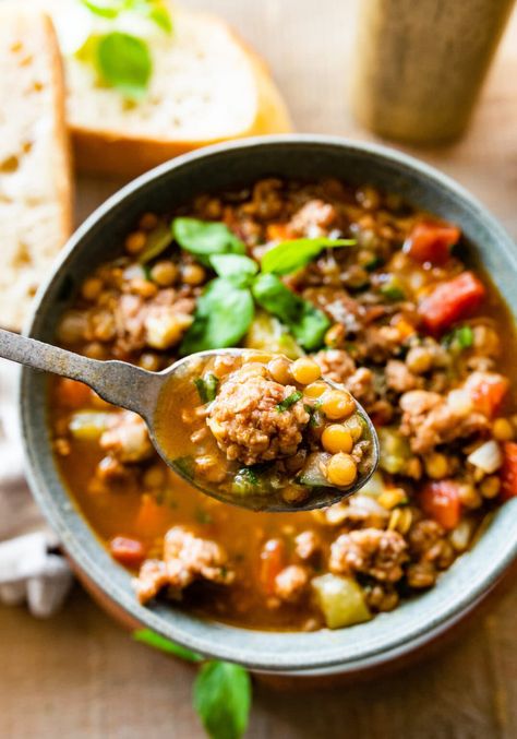 Italian Sausage Lentil Soup Recipe - CucinaByElena Italian Lentil Soup Recipe, Sausage Lentil Soup, Sausage Lentil, Lentils And Sausage, Spicy Lentil Soup, Lentil Sausage Soup, 15 Bean Soup, Sausage Soup Recipes, Lentil Soup Recipe