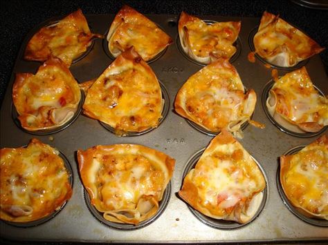 won-ton sausage cups - add cream cheese and skip toppings to make for breakfast brunch? Sausage Flowers, Sausage And Cream Cheese Wonton Cups, Sausage Cheese Wonton Cups, Sausage Cream Cheese Biscuit Cups, Breakfast Sausage Cream Cheese Crescent, Sausage Cups, Hash Brown Sausage Bites, Wrapper Recipes, Wonton Wrapper Recipes