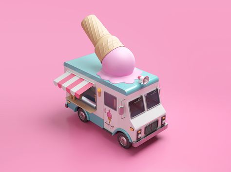 3d Ice Cream, Ice Truck, Ice Cream Car, Cream Car, Ice Cream Cute, Cookie Factory, Perspective Drawing Architecture, Car Stock, 3d Blender