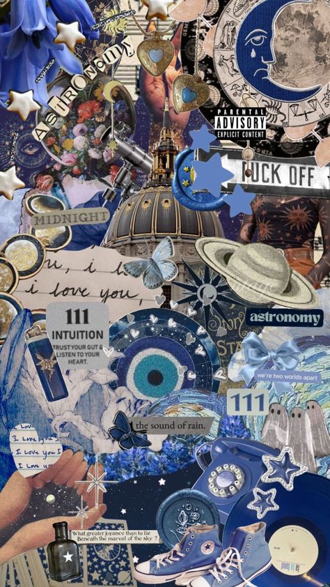 Blue Astrology Wallpaper, Astronomy Collage Wallpaper, Space Atheistic, Blue Astrology Aesthetic, Blue Atheistic Wallpaper, Blue Grunge Aesthetic Wallpaper, Physics Wallpaper Aesthetic, Astronomy Art Wallpaper, Night Aesthetic Collage