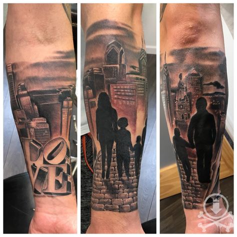 Best Realism Tattoo, Philadelphia Tattoo, Meghan Patrick, Family Silhouette, Skyline Tattoo, Philadelphia Skyline, City Tattoo, Realistic Tattoo, Lovely Family